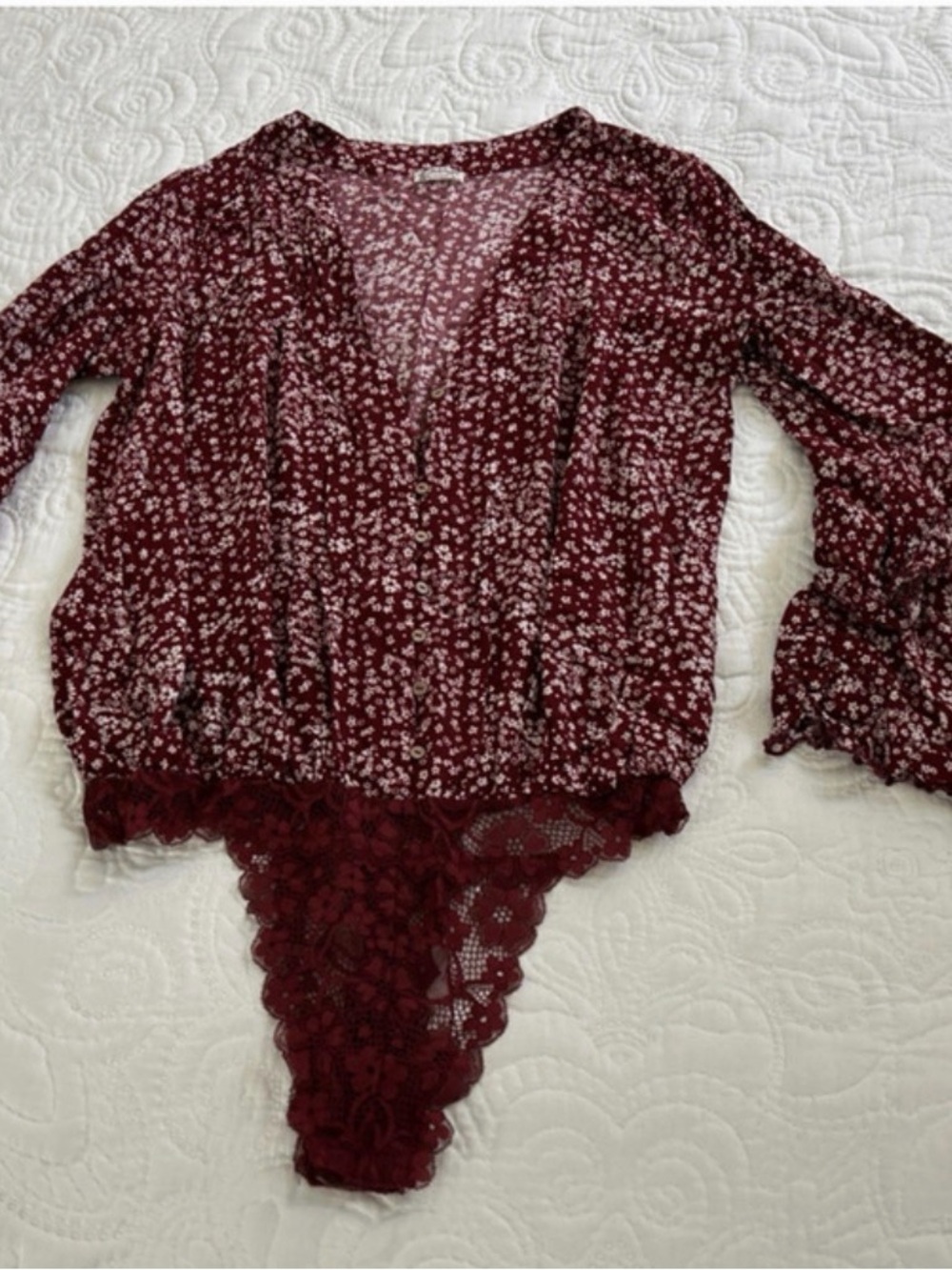 Free People Burgundy and White Floral Print Top